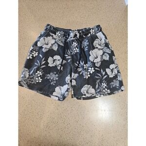 CSG Mens Floral Fleece Shorts Gray White Hibiscus Print Size Medium Drawstring
